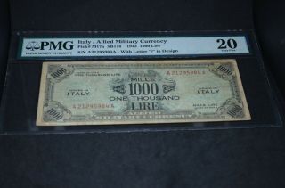 Pmg Graded Italy/ Allied Military Currency Banknote Pm17a 1943 1000 Lire