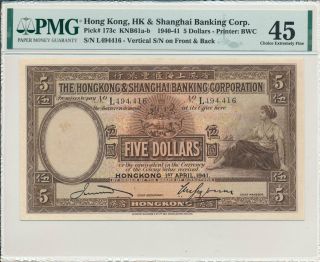 Hong Kong Bank Hong Kong $5 1941 S/no 4x44xx Pmg 45