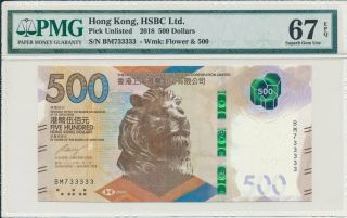 Hong Kong Bank Hong Kong $500 2018 Almost Solid S/no X33333 Pmg 67epq