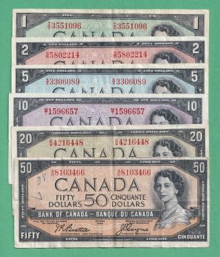 1954 Bank Of Canada Notes - $1,  $2,  $5,  $10,  $20,  & $50