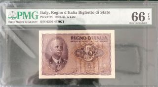 Pmg 66 Italy 1940 - 1944 Banknote 5 Lire Epq