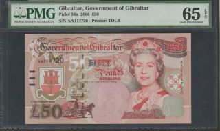 Gibraltar,  50 Pound ' s Banknote 2006,  Gem Uncirculated Grade - 65,  P 34 - A 