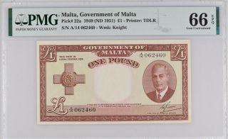 Malta 1 Pound L.  1949 Nd 1951 P 22 A Gem Unc Pmg 66 Epq High