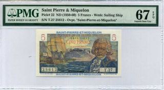 Saint Pierre & Miquelon 5 Francs 1950 - 1960 P 22 Gem Unc Pmg 67 Epq