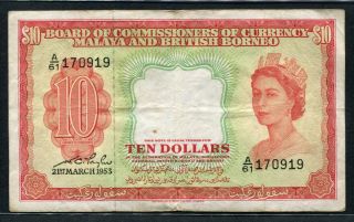 Malaya & British Borneo 1953,  10 Dollars,  P3a,  Vf
