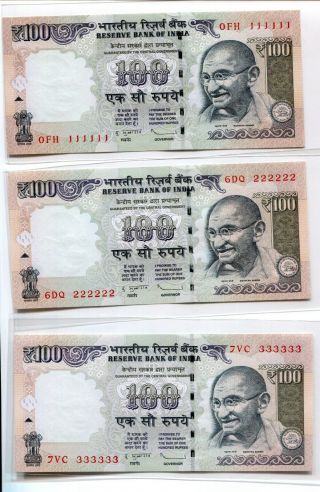 India Gandhi 100 Rupees Previous Issue - Solid Number 111111 - 999999 Unc Set