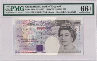 Great Britain P 387a B375 20 Pounds Banknote Sign.  Kentfield Pmg 66 Gem Unc