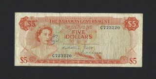 Bahamas $5 Dollars 1965,  Government Issue P - 21b Orange Color 3 - Signatures,  Rare