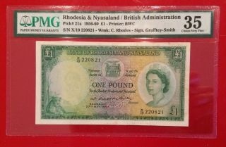 Rhodesia Nyasaland Banknote Rare 1 Pound,  1957 P - 21a Pmg Vf 35,  Qeii
