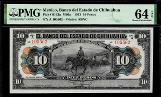 Mexico 10 Pesos 1913 Pmg 64 Epq Unc Pick S313a Banco Del Estado De Chihuahua