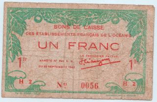 French Oceana 1 Franc 1943 P - 11 Rare