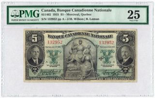 Canada 5 Dollars 1935,  Pmg 25,  Banque Canadienne Nationale