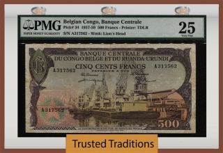 Tt Pk 34 1957 - 59 Belgian Congo Banque Centrale Pmg 25 Work Of Art On Both Sides