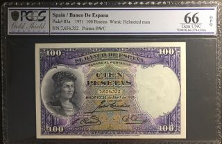 Pcgs 66 Spain Banco De España 100 Pesetas 1931 Pick 83a Very Rare
