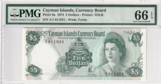 1974 Cayman Islands 5 Dollars P - 6a S/n A/1 911921 Pmg 66 Epq Gem Unc