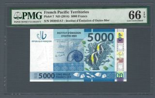 French Pacific Territories 5000 Francs 2014,  P - 7,  Pmg 66 Epq,  Gem Unc Pretty