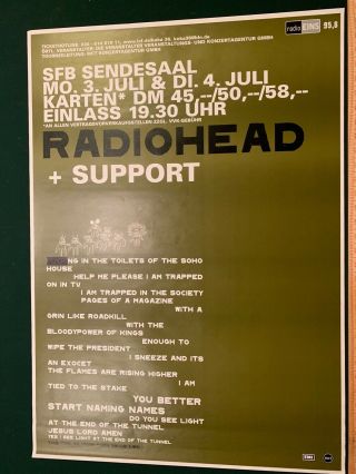 Radiohead Berlin,  Germany 2000 Kid A Tour Concert Gig Poster Rare Thom Yorke