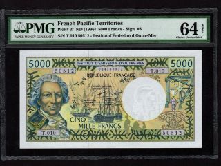 French Pacific Territories:p - 3f,  5000 Francs,  1996 Pmg Ch.  Gem Unc 64 Epq