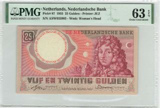 Netherlands 25 Gulden 1953 C.  Huygens Pick 87 Pmg Choice Uncirculated 63 Epq