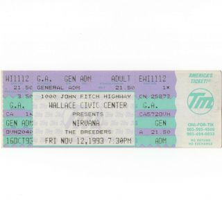 Nirvana & The Breeders Concert Ticket Stub Fitchburg Ma 11/12/93 In Utero Tour