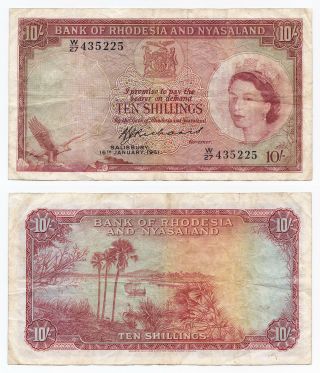Rhodesia And Nyasaland,  10 Shillings 1961 (16.  1.  1961),  Pick 20b,  F