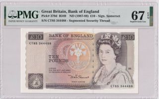 Great Britain P 379d B349 10 Pounds Banknote Sign.  Somerset Pmg 67 Gem Unc