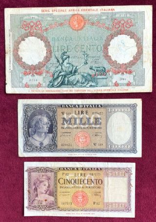 Italy,  Italian E.  Africa 100,  500,  1000 Lire 1938,  1947 Fine - Fine,
