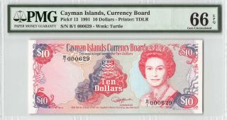 Cayman Islands 1991 P - 13 Pmg Gem Unc 66 Epq 10 Dollars Low S/n 629