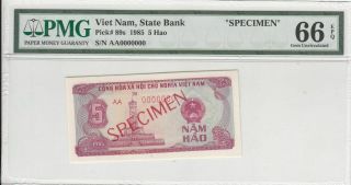 1985 Viet Nam 5 Hao P - 89s " Specimen " S/n Aa0000000 Pmg 66 Epq Gem Unc