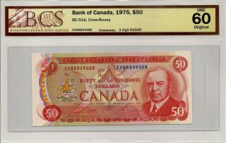 1975 - $50 Canadian Banknote,  3 - Digit Radar Note - Graded Unc - 60