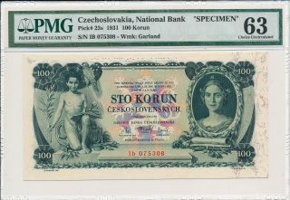 National Bank Czechoslovakia 100 Korun 1931 Specimen Pmg 63