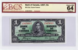 1937 Bank Of Canada $1 Banknote,  Bcs Unc - 64
