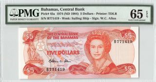 Bahamas 1974 (nd 1984) P - 45a Pmg Gem Unc 65 Epq 5 Dollars