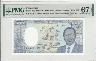 1986 - 89 Cameroun 1000 Francs P - 26a Pmg 67 Epq Gem Unc