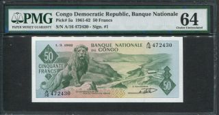 Congo Democratic Republic 1961 - 1962,  50 Francs,  P5,  Pmg 64 Unc