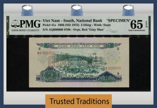 Tt Pk 41s Nd (1975) Viet Nam - South National Bank Specimen 2 Dong Pmg 65 Epq Gem