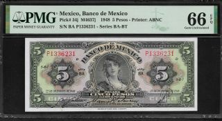 Mexico 5 Pesos 1948 Pmg 66 Epq Unc P 34j Banco De Mexico Pmg Population 1/0