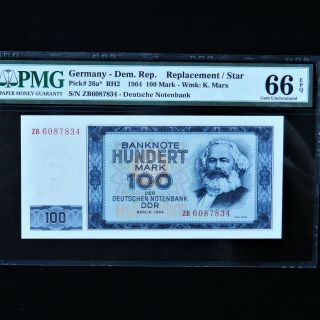 1964 Germany Dem.  Rep.  100 Mark,  Pick 26a Rh2,  Pmg 66 Epq,  Replacement Note