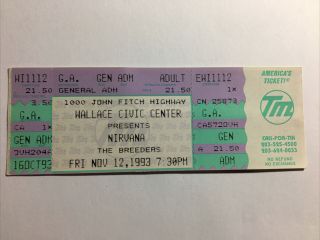 Nirvana Full Concert Ticket / 1993 / Wallace Civic Center