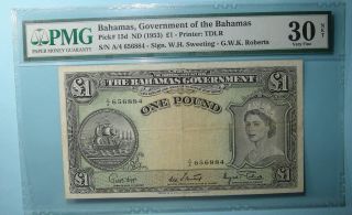 1953 Bahamas One Pound P15d Pmg Very Fine Inv Pm108 - 18