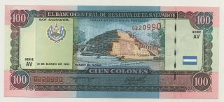 El Salvador 100 Colones 12 - 3 - 1993 Pick 140.  A Unc Uncirculated Banknote Serie Av