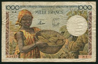 French Equatorial Africa 1000 Francs 1957 Woman Harvesting Cocoa P34 F,