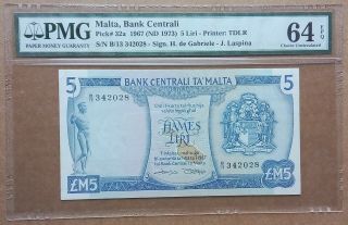 Malta,  5 Liri,  1967 (nd 1973),  Pick 32a,  Pmg 64 Epq,  S/n B/13 342028