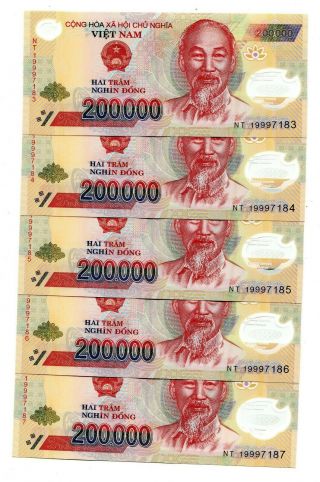 1 Million Dong Banknote = 5 X 200,  000 200000 Dong Vietnam Currency Banknote Unc
