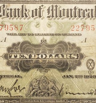 1923 Bank Of Montreal $10.  Chartered Canadian Banknote.