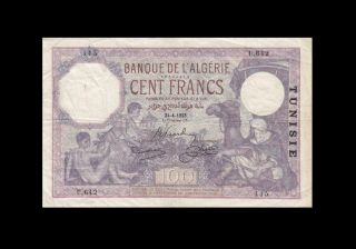 1928 French Algeria 100 Francs " Tunisia " Africa Rare ( (vf))