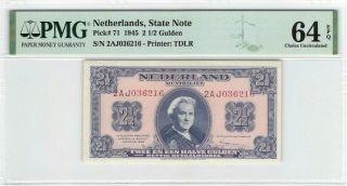 Netherlands 2½ Gulden 1945 State Note Pick 71 Pmg Choice Uncirculated 64 Epq