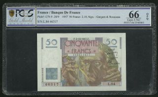 France : 50 Francs Verrier (2 - 10 - 1947) ; Pcgs : Gem Unc 66 ; Opq