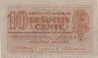 Lithuania - 1922 - 10 Centu - Banknote - F - 92804