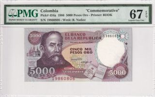 1986 Colombia 5000 Pesos Oro P - 434a " Commemorative " Pmg 67 Epq Gem Unc